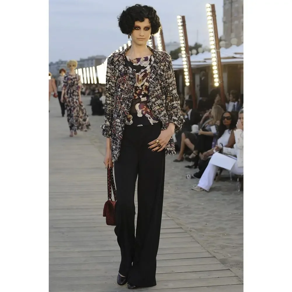 CHANEL 10C Runway Tweed Jacket Crystal Embroidered Fringe IT 42 Karl Lagerfeld